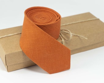 Burnt Orange linen necktie |  orange wedding necktie for groomsmen