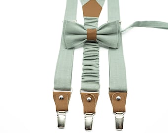 Dusty Light Sage Green Groomsmen Wedding Suspender, Bow Tie, and Matching Pocket Square Set