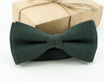 Hunter Green Bow Tie for Mens and Kids Pre-Tied Dark Green Handmade Bow Tie Linen