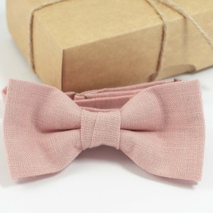 Dusty pink wedding tie and bow tie can be ordered with matching pocket square for weddings | Eco Friendly Linen bow tie gift for groomsmen