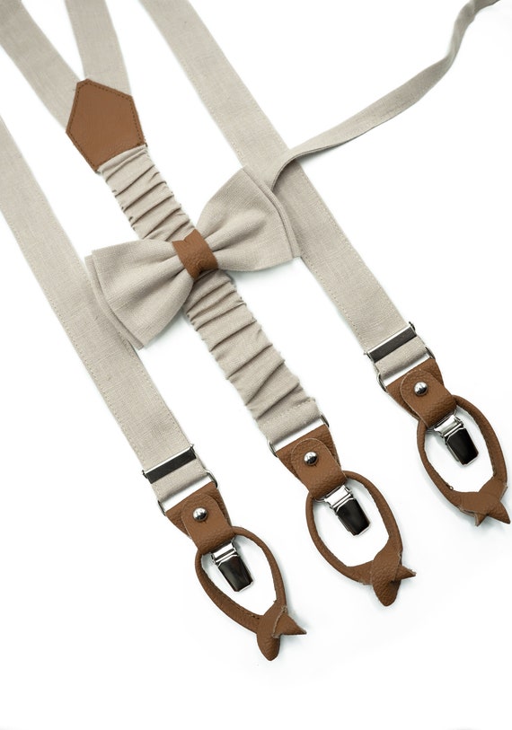 Beige Button and Clip Suspenders for Men Wedding Suspenders for