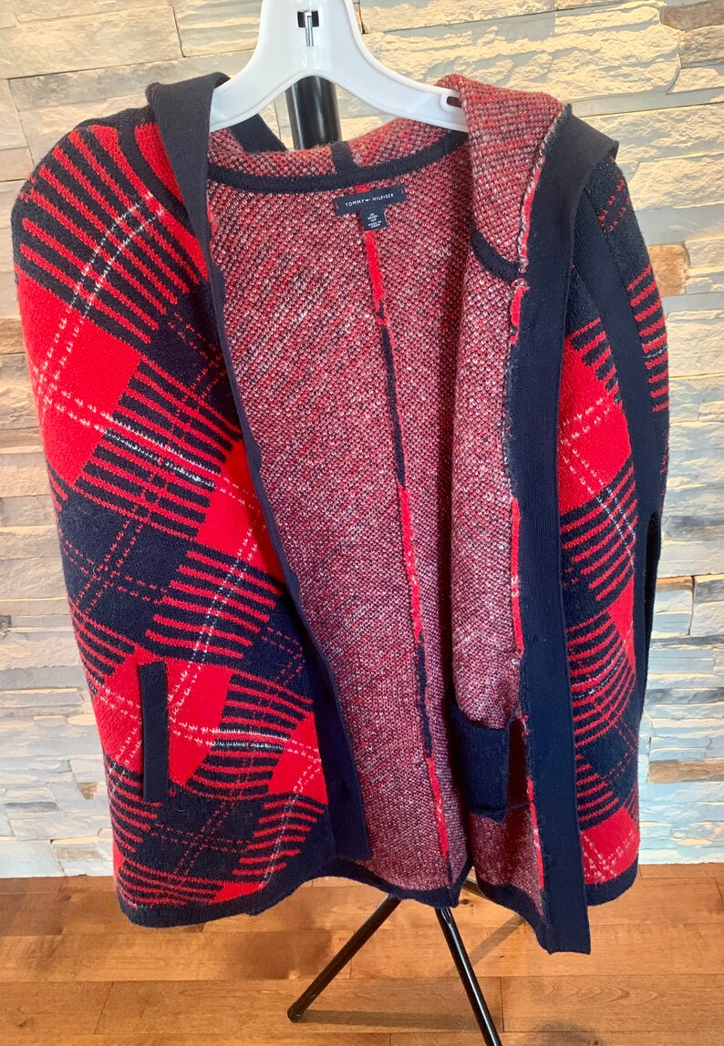 Jacket/ sweater/ shoulder cover / vest / puncho for women vintage knit style / Tommy Hilfiger / red checkered / wool / angora / boho / image 2