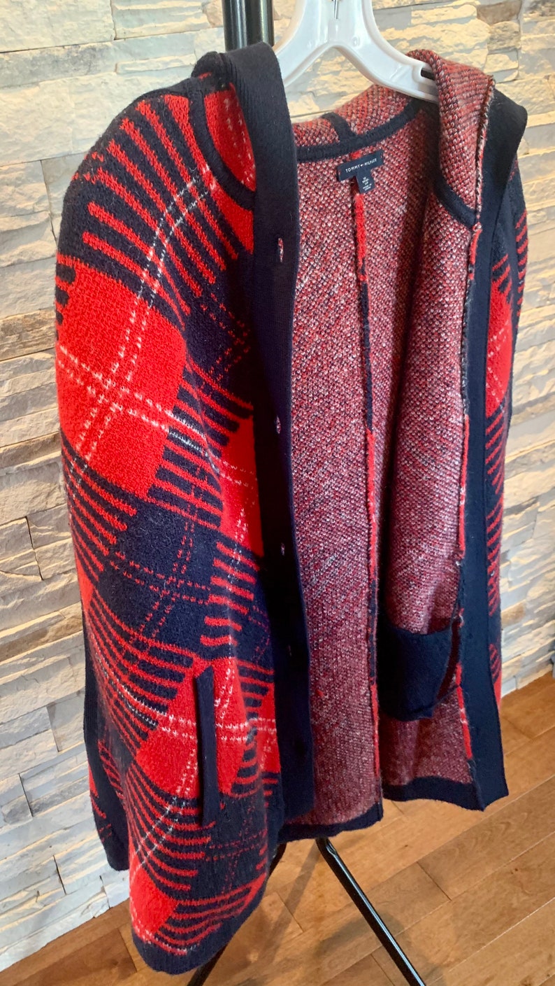 Jacket/ sweater/ shoulder cover / vest / puncho for women vintage knit style / Tommy Hilfiger / red checkered / wool / angora / boho / image 6