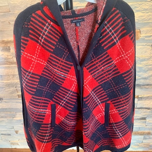 Jacket/ sweater/ shoulder cover / vest / puncho for women vintage knit style / Tommy Hilfiger / red checkered / wool / angora / boho / image 1