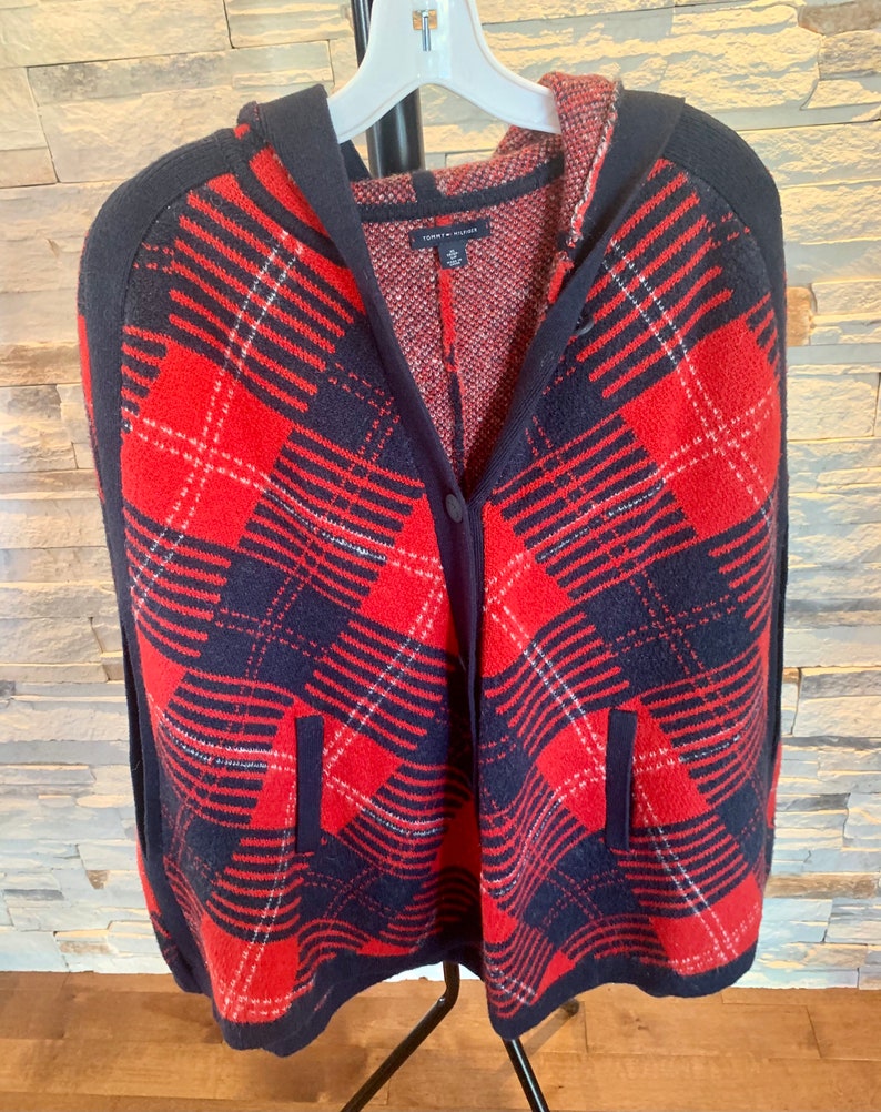 Jacket/ sweater/ shoulder cover / vest / puncho for women vintage knit style / Tommy Hilfiger / red checkered / wool / angora / boho / image 1