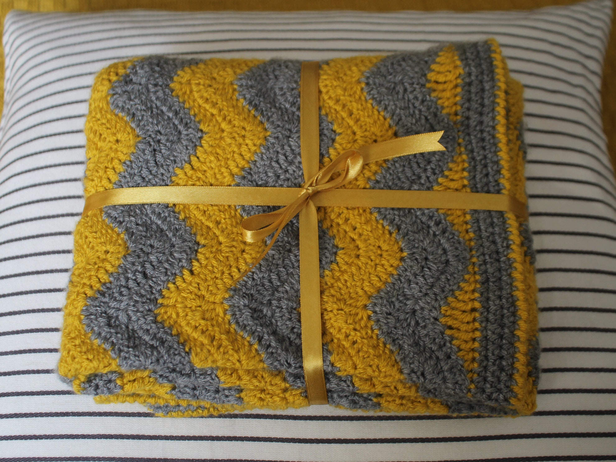 Mustard Yellow and Grey Crochet Blanket Gray and Yellow Stripes Etsy Canada