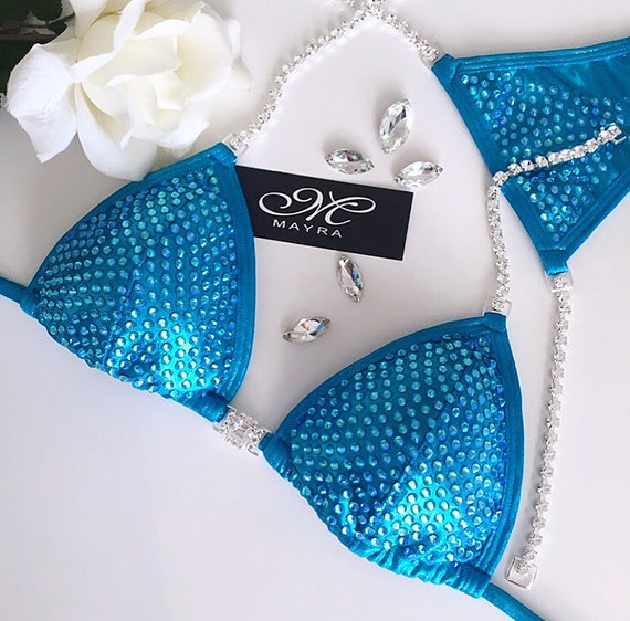 Turquoise blue crystal competition bikini suit by Mayra Bikini Etsy