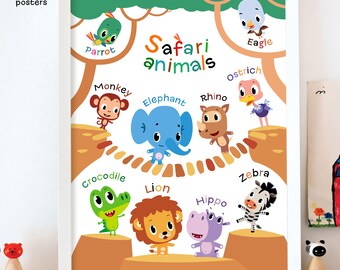 May include: A framed poster featuring cartoon safari animals. The poster includes a parrot, monkey, elephant, rhino, crocodile, lion, hippo, zebra, eagle, and ostrich. The words "Safari Animals" are written in colorful letters.