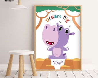 Cute Hippo Safari Poster for Kids, Printable Nursery Wall Art