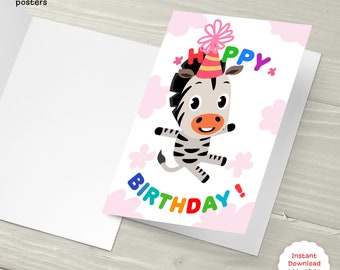 Cute Zebra Birthday Card for Kids, Printable Greeting Card