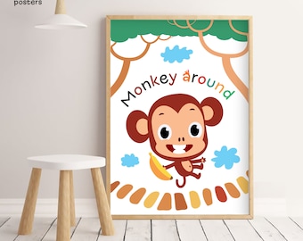 Cute Monkey Safari Poster for Kids, Printable Nursery Wall Art