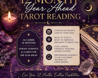 May include: A 12 Month Year Ahead Tarot Reading advertisement featuring gold text on a dark purple background. It includes a list of services: a month-by-month look, what to expect, love, career, finances, and personal growth guidance.