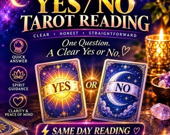 Puede incluir: Un gráfico digital para un servicio de lectura de tarot Sí/No con dos cartas, una con un diseño de sol etiquetado YES y otra con un diseño de luna etiquetado NO. El fondo es una escena cósmica púrpura con texto que incluye GET THE ANSWER YOU NEED, SAME DAY READING, y FAST, ACCURATE, CONFIDENTIAL, GUIDANCE YOU CAN TRUST.