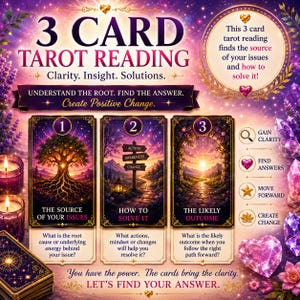 May include: A 3 Card Tarot Reading graphic featuring purple and gold celestial themes. It displays three cards labeled The Source of Your Issues, How to Solve It, and The Likely Outcome, surrounded by candles, crystals, and text explaining the reading process.