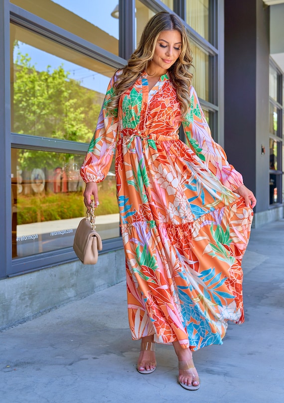 Orange Printed Maxi Dress Etsy Canada