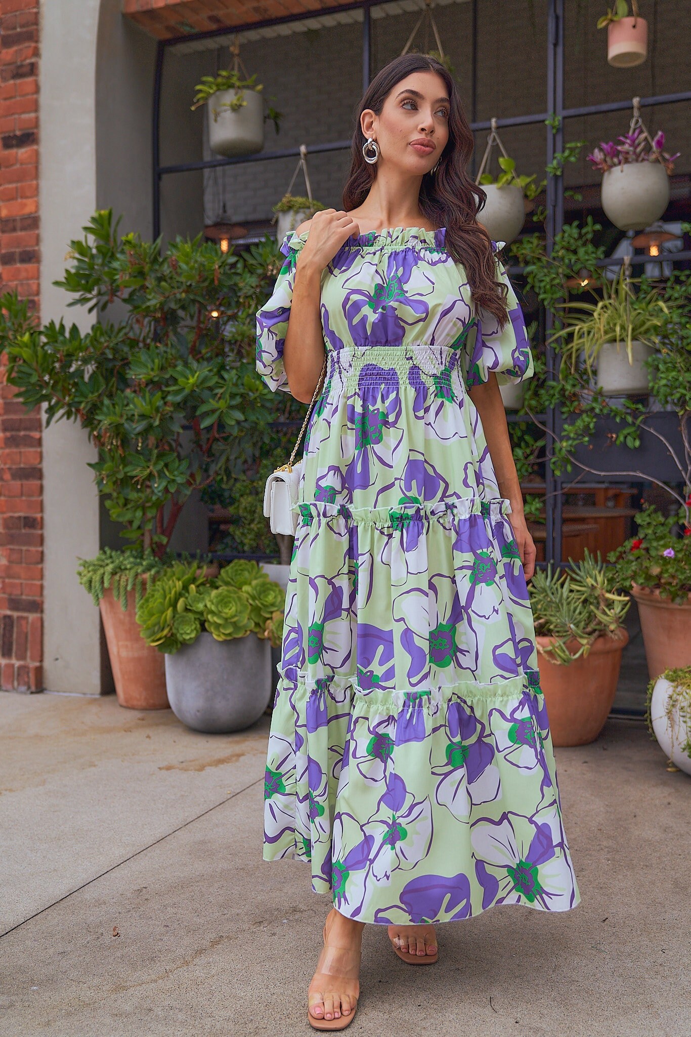 floral print off the shoulder maxi dress Multicolor Floral Printed 100% Cotton Off-Shoulder Maxi Tier Dress Custom Size (Free) / Tall (5'7" and above)