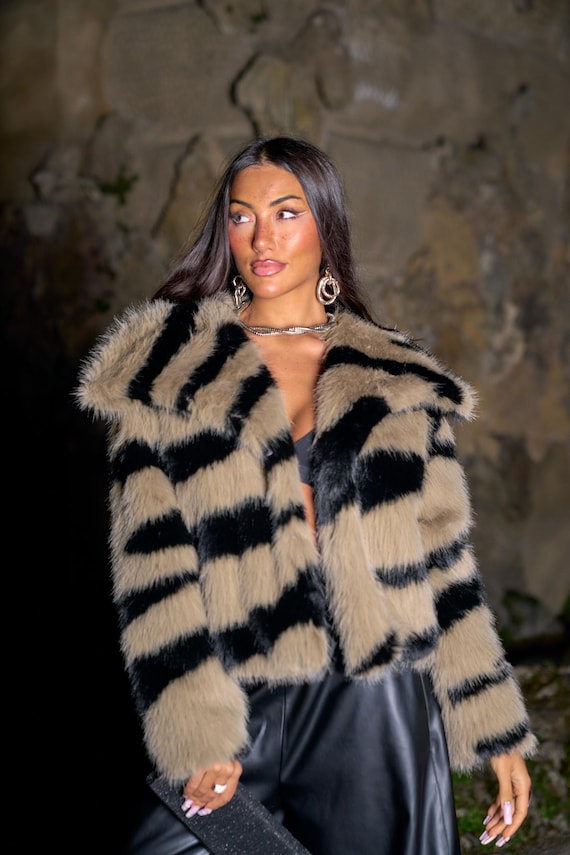 Striped Faux Fur Jacket, Beige Black Statement Coat, Animal Print Winter Fashion