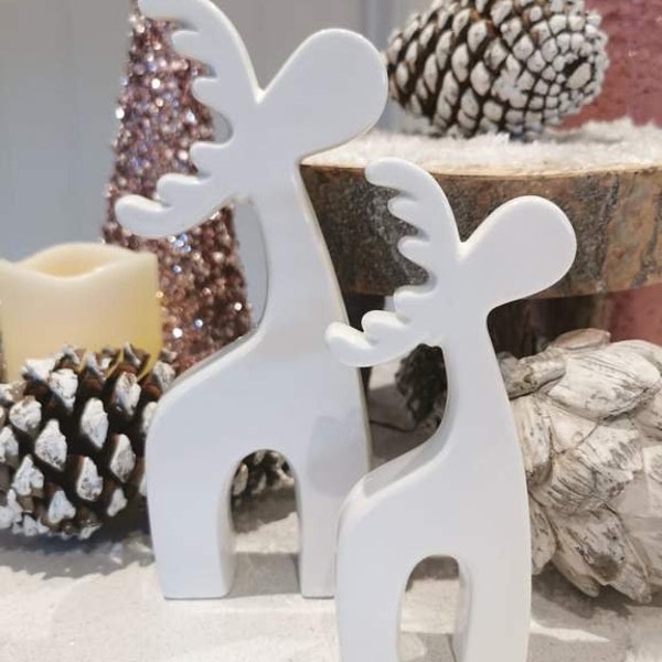 Set of 2 White Ceramic Reindeer