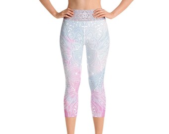 Ethereal Heart Chakra Mandala Capri Leggings by Goddess Swag. Sacred Geometry ~ Yoga ~ Pilates ~ Gym Workout ~ Festival Clothes ~ Running