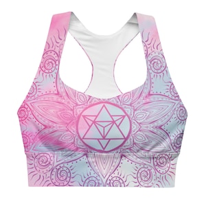 Goddess Swag Soul Star Chakra Mandala Racerback Sports Bra.  Background all over color is soft pastels of blues and pinks. the design on the front and back is the soul star with mandala in a deep pink.