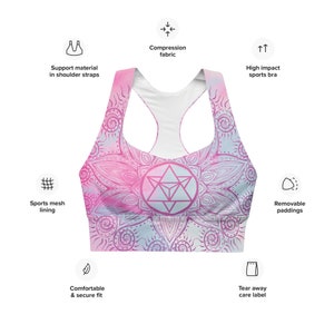 Goddess Swag Soul Star Chakra Mandala Racerback Sports Bra.  Background all over color is soft pastels of blues and pinks. the design on the front and back is the soul star with mandala in a deep pink.