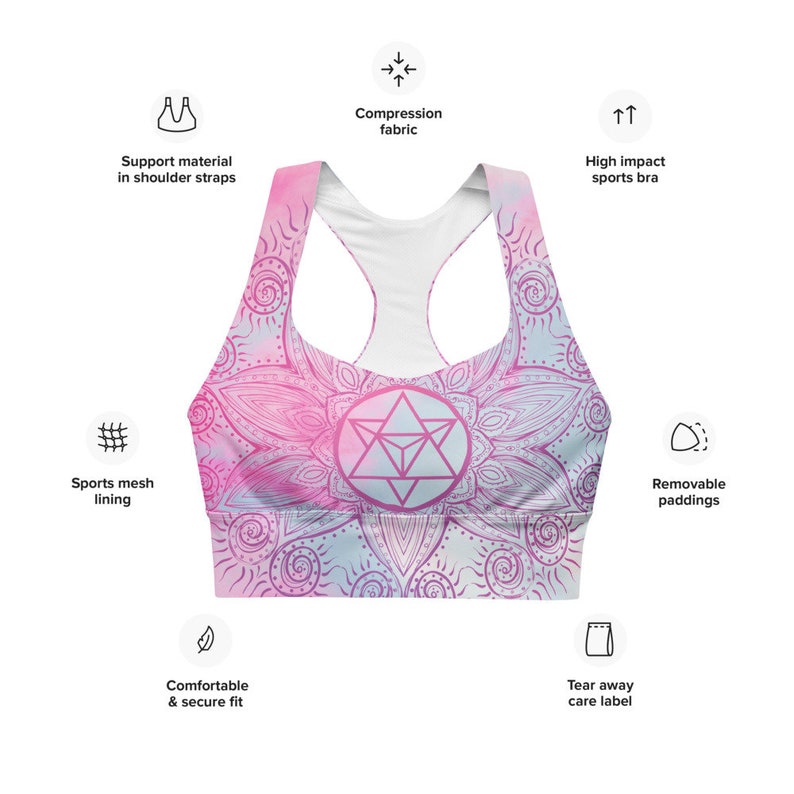 Goddess Swag Soul Star Chakra Mandala Racerback Sports Bra.  Background all over color is soft pastels of blues and pinks. the design on the front and back is the soul star with mandala in a deep pink.