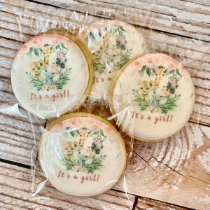 It&#39;s a Girl Safari Baby Animals Themed Girl Baby Shower Cookies Birthday Event Sugar Cookies Care Package Cookies Individually wrapped