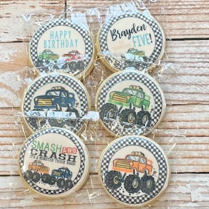1 dozen Personalized Monster Truck Birthday Themed Decorated Sugar Cookie Gift Set Party Favors