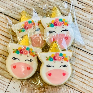 Unicorn Shaped Sugar Cookies with Gold and Floral Accents Individually Wrapped Sold by the Dozen
