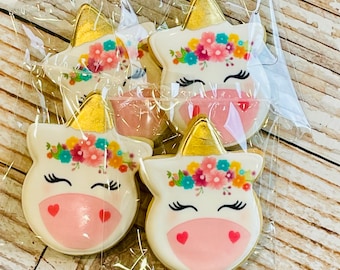 Unicorn Shaped Sugar Cookies with Gold and Floral Accents Individually Wrapped Sold by the Dozen