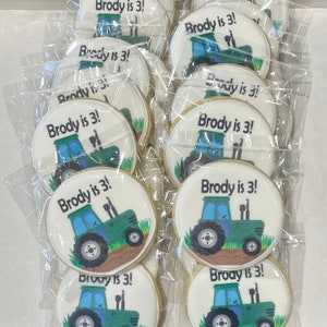 12 Count Personalized Green Tractor Themed Cookies Themed Birthday Event Sugar Cookies Care Package Birthday Cookies Individually wrapped