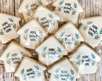 1 Dozen Home Sweet Home Realtor Decorated House Shaped Sugar Cookies House Warming Cookie Gift