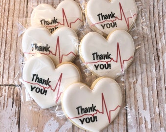 Healthcare Thank You Cookies Nurse Appreciation Gift Sugar Cookies Hostess Gift Idea Cookie Care Package EKG Heart Thank Cookies
