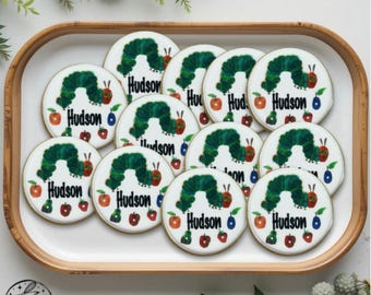 1 Dozen Custom w/Name Hungry Caterpillar Themed Decorated Sugar Cookies Caterpillar Birthday Cookie Party Favors