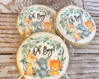 Safari Baby Animals Themed Oh Boy Baby Shower Cookies Birthday Event Sugar Cookies Care Package Cookies Individually wrapped