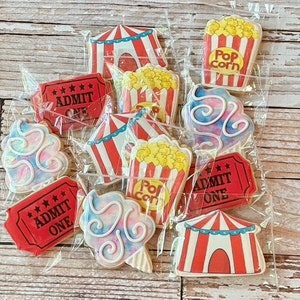 1 Dozen Circus Carnival Themed Decorated Cookies Cotton Candy Popcorn Circus Tent Themed Decorated Sugar Cookie Gift Set