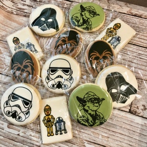 1 Dozen Star Wars themed Decorated Sugar Cookies Yoda, Chewbacca, Birthday Party Cookies