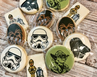 1 Dozen Star Wars themed Decorated Sugar Cookies Yoda, Chewbacca, Birthday Party Cookies