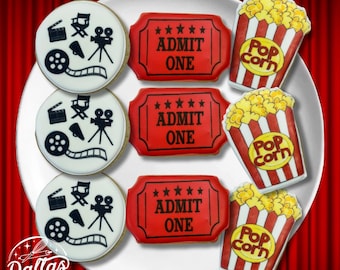 1 Dozen Movie Night Themed Decorated Cookies Reel Film Strip Popcorn Themed Decorated Sugar Cookie Gift Set