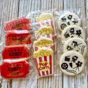 1 Dozen Movie Night Themed Decorated Cookies Reel Film Strip Popcorn Themed Decorated Sugar Cookie Gift Set