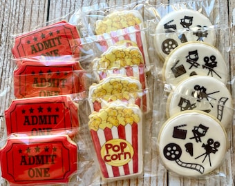 1 Dozen Movie Night Themed Decorated Cookies Reel Film Strip Popcorn Themed Decorated Sugar Cookie Gift Set