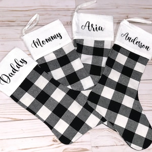 Christmas stockings, personalized Christmas stockings, plaid stockings, personalized black and white stockings