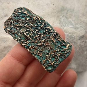 Intricate patina copper brooch, med. size textured copper lapel pin, unique verdigris patina pin, anniversary gift for her