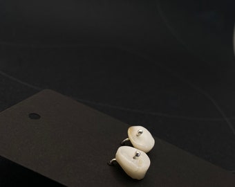 White shell disc and Eco silver stud earrings, minimalist silver earrings, round shell beaded silver earrings, gift for wife