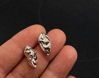 THE MOON & BACK collection 925 Sterling silver stud earrings, textured lens shape post earrings, irregular shape festive silver studs
