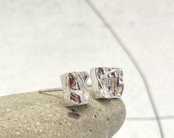 TO the MOON & BACK series 999 silver stud earrings, textured square post earrings and scroll backs, rocksample shape special silver studs