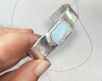 Cute Sterling Silver and rectangular keshi pearl or gem cuff bracelet, made to size 925 open bone cuff, ca. 12 mm wide, June birthstone