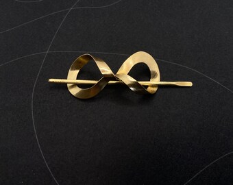Gold infinity hair barrette slide and pin set for medium sections of hair, twisted brass hair stick, golden hair accessory gift idea