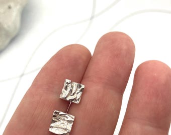 TO the MOON & BACK series square 999 silver stud earrings, textured post earrings and scroll backs, rocksample shape special silver studs