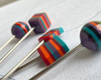Quirky reclaimed acrylic shapes and stainless steel hair stick, ca. 14cm/5.5'', limited ed. colourful hair pin, eco friendly hair jewellery
